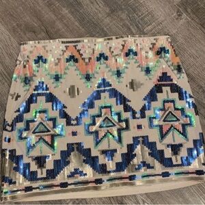 Express Sequin Mini Skirt in Cream with Blue and Teal Accents